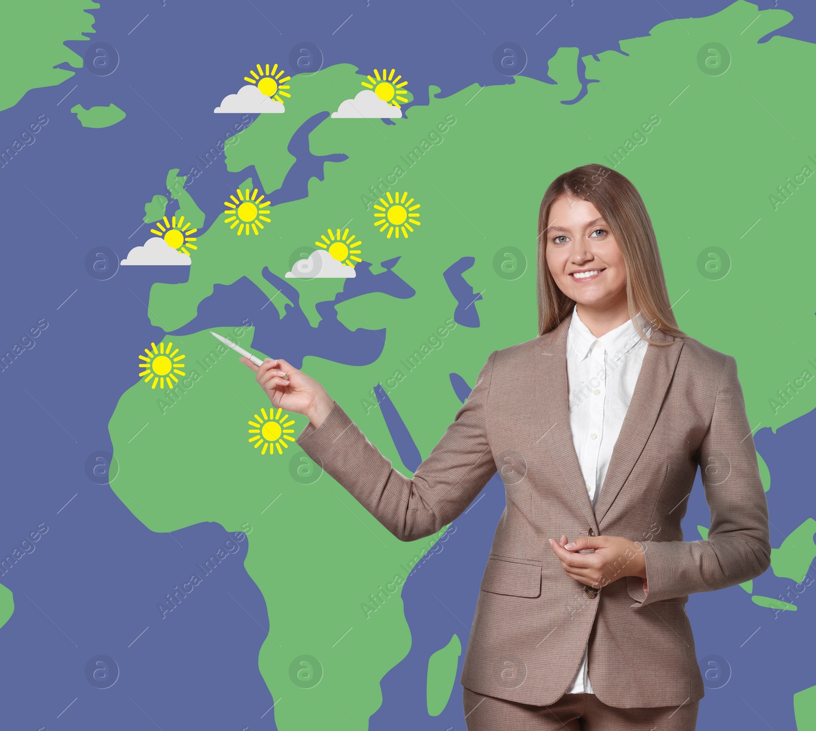 Image of Beautiful woman near virtual screen with map that demonstrating weather forecast in different regions