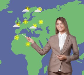 Beautiful woman near virtual screen with map that demonstrating weather forecast in different regions