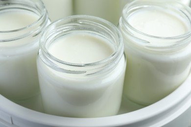 Modern yogurt maker with full jars, closeup