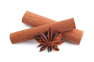 Aromatic cinnamon sticks and anise star isolated on white