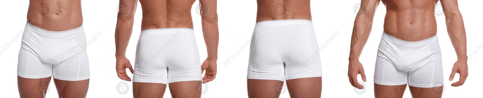 Image of Man in stylish underwear on white background, set of closeup photos