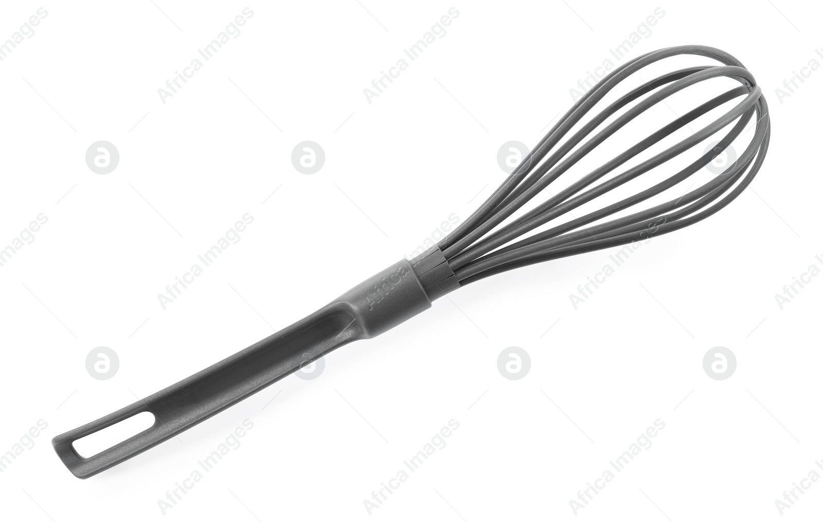 Photo of Plastic whisk isolated on white, top view. Kitchen utensil