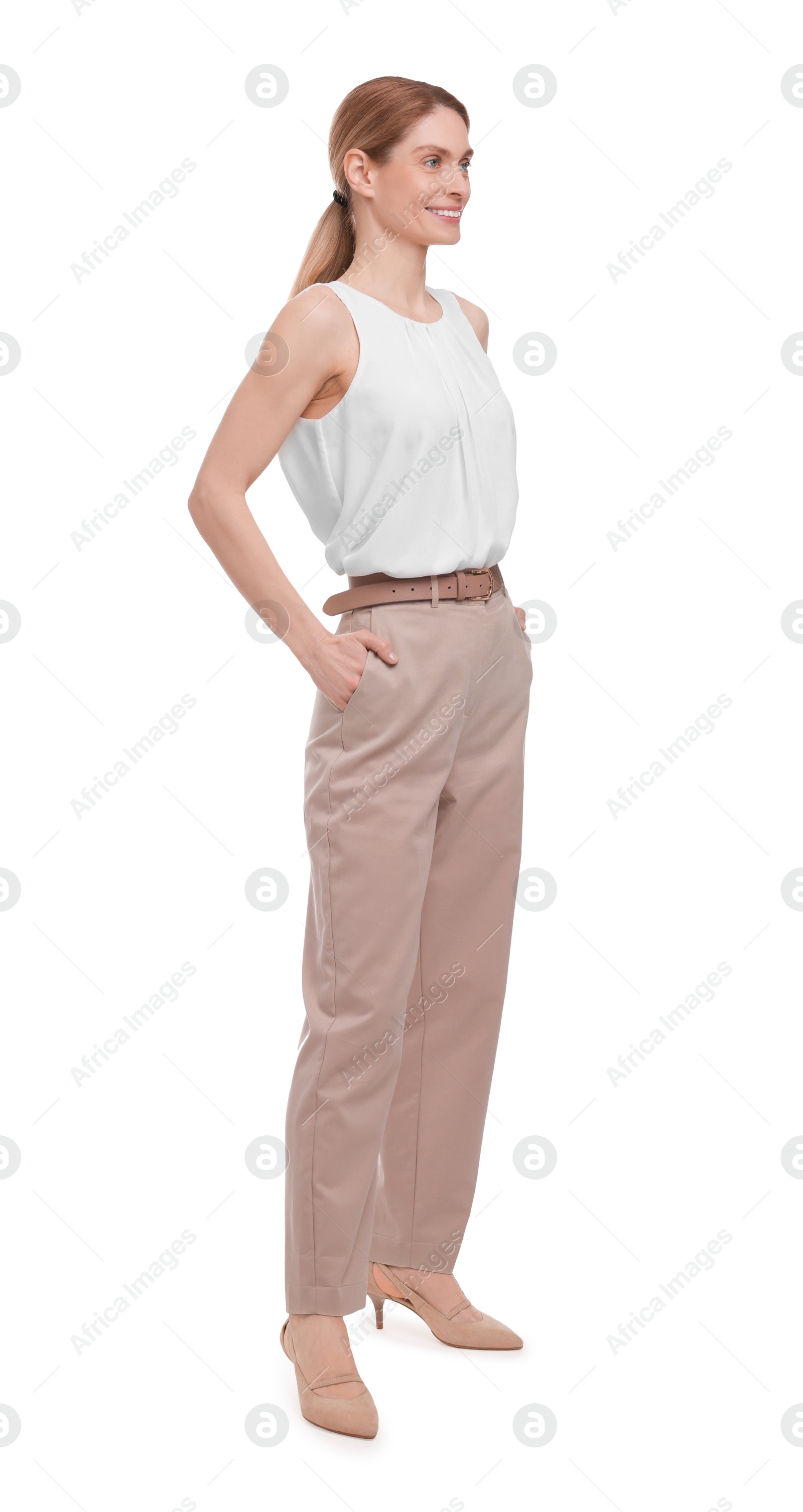 Photo of Beautiful smiling businesswoman posing on white background