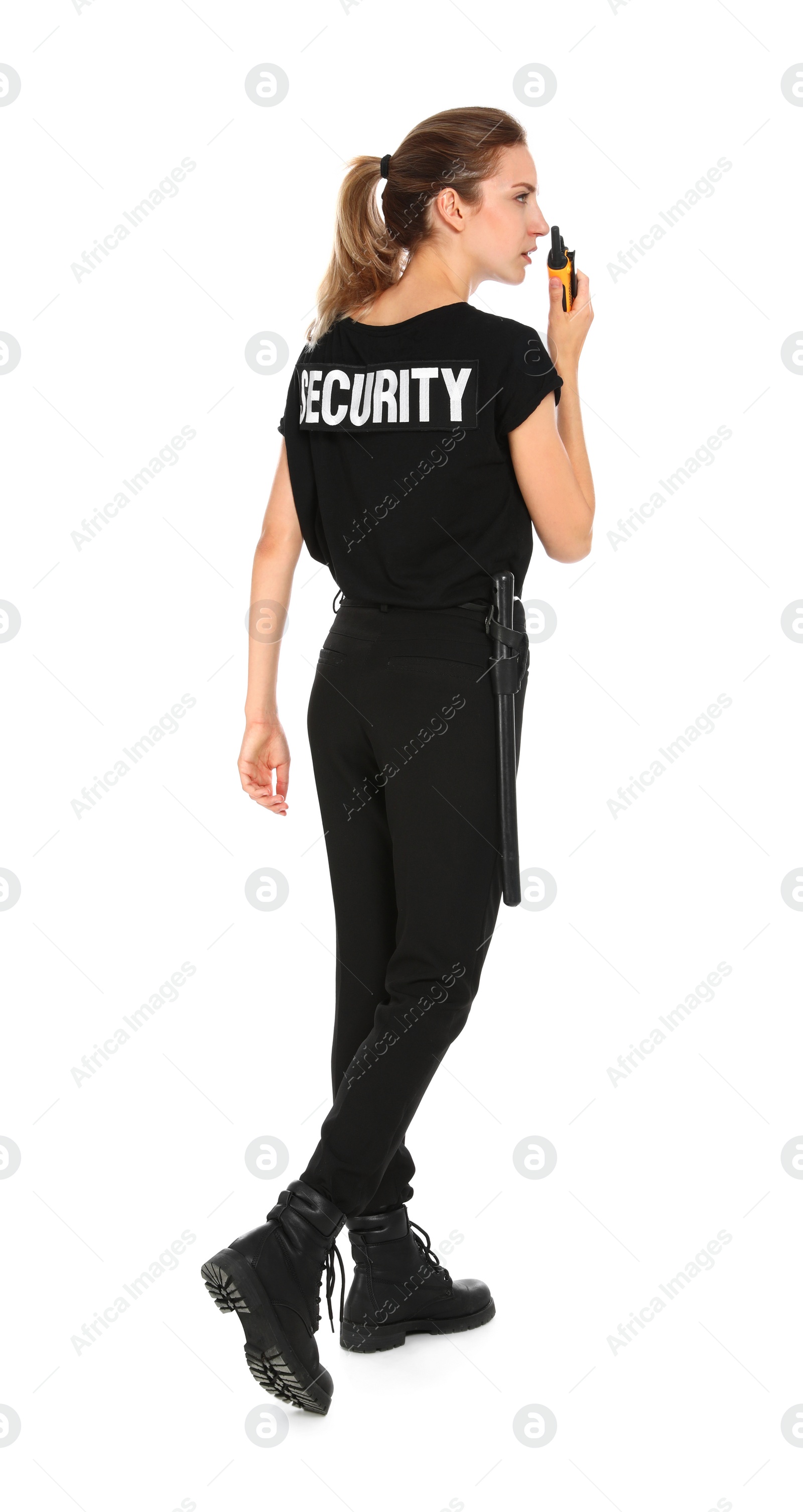 Photo of Female security guard in uniform using portable radio transmitter on white background