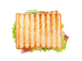 Tasty sandwich with toasted bread isolated on white, top view