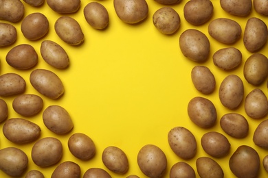 Frame made of raw fresh organic potatoes on yellow background, flat lay. Space for text