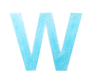 Photo of Letter W written with light blue pencil on white background, top view