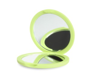 Light green cosmetic pocket mirror isolated on white