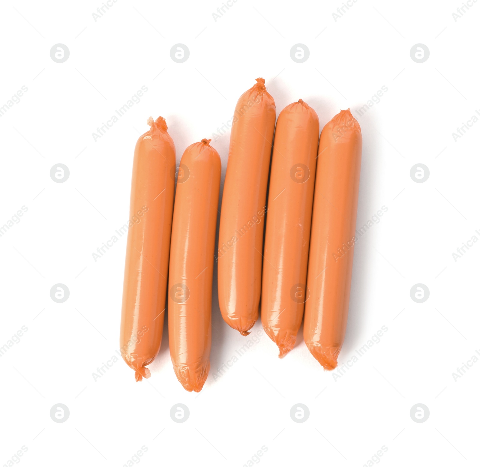 Photo of Encased sausages on white background, top view. Meat product