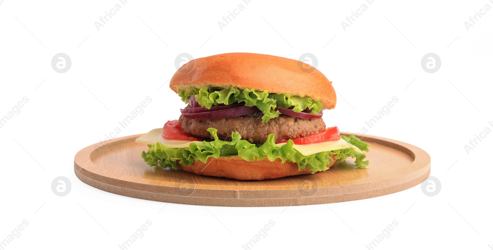 Photo of One tasty burger with vegetables, patty and cheese isolated on white