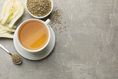 Photo of Aromatic fennel tea, seeds and fresh vegetable on grey table, flat lay. Space for text