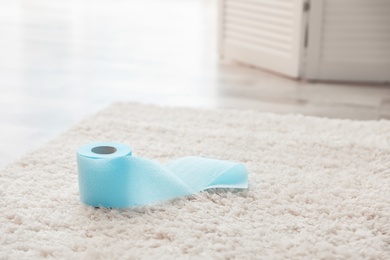 Toilet paper roll on soft carpet indoors. Space for text