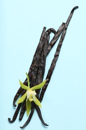 Photo of Vanilla pods and beautiful flower on light blue background, top view