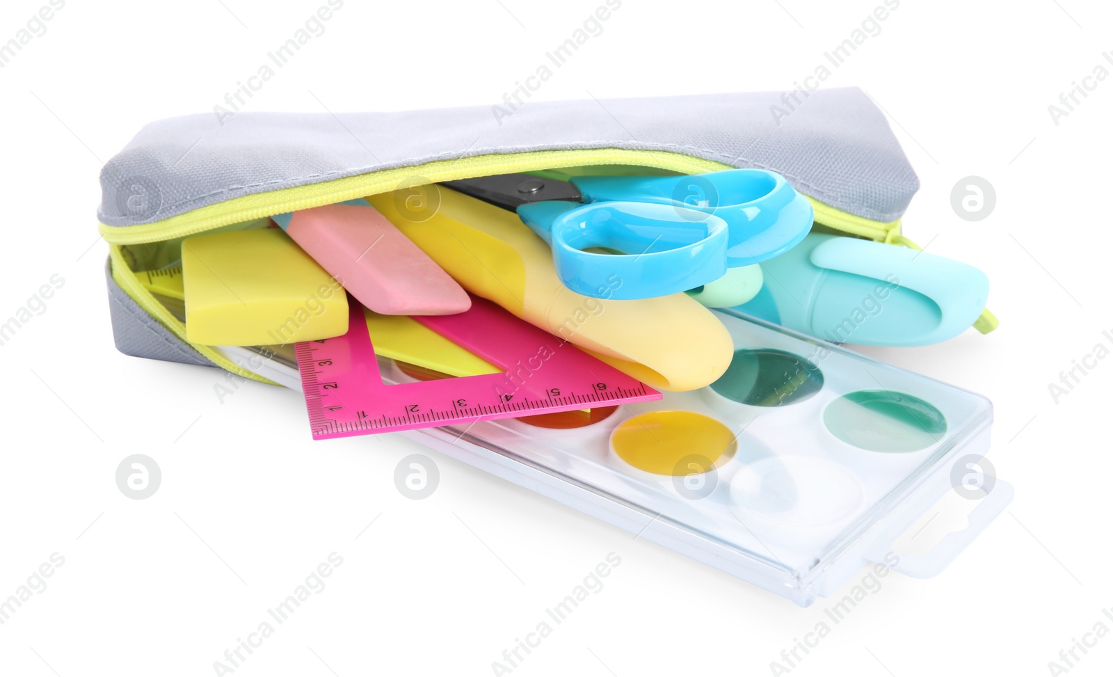 Photo of Many different school stationery in pencil case isolated on white