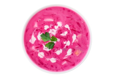 Delicious cold summer beet soup on white background, top view