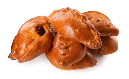 Photo of Many delicious baked patties on white background