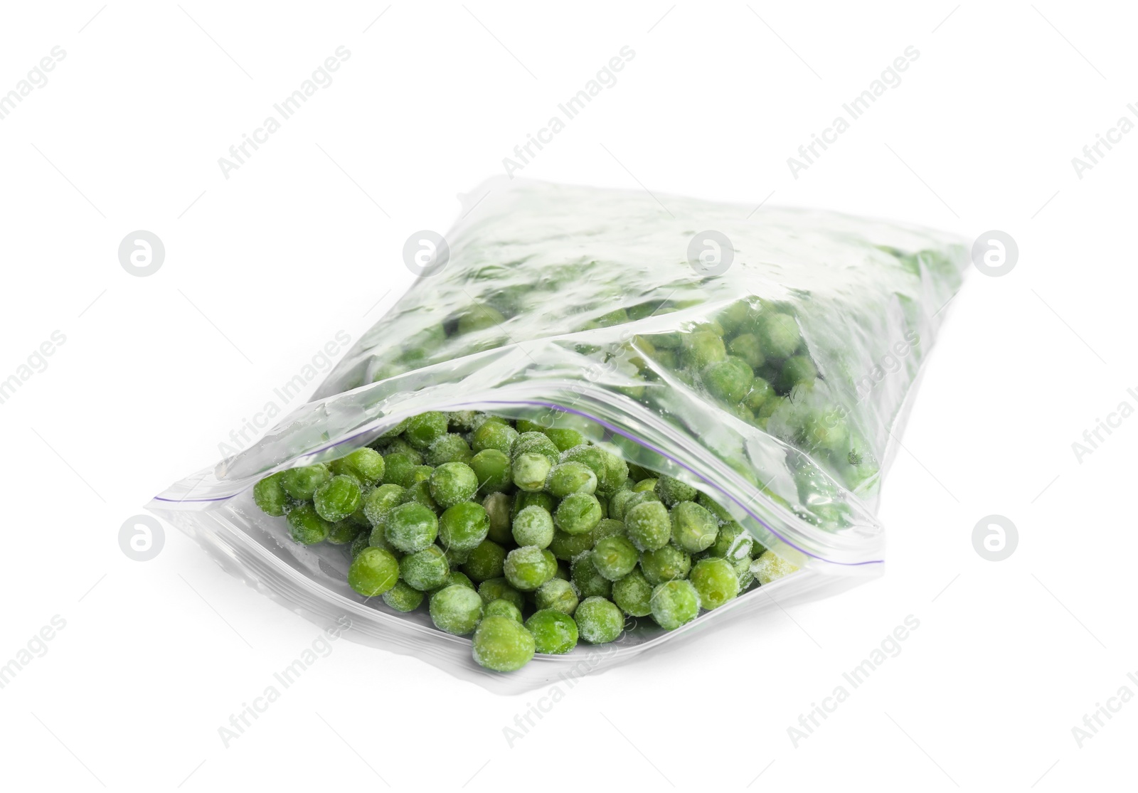 Photo of Frozen peas in plastic bag isolated on white. Vegetable preservation