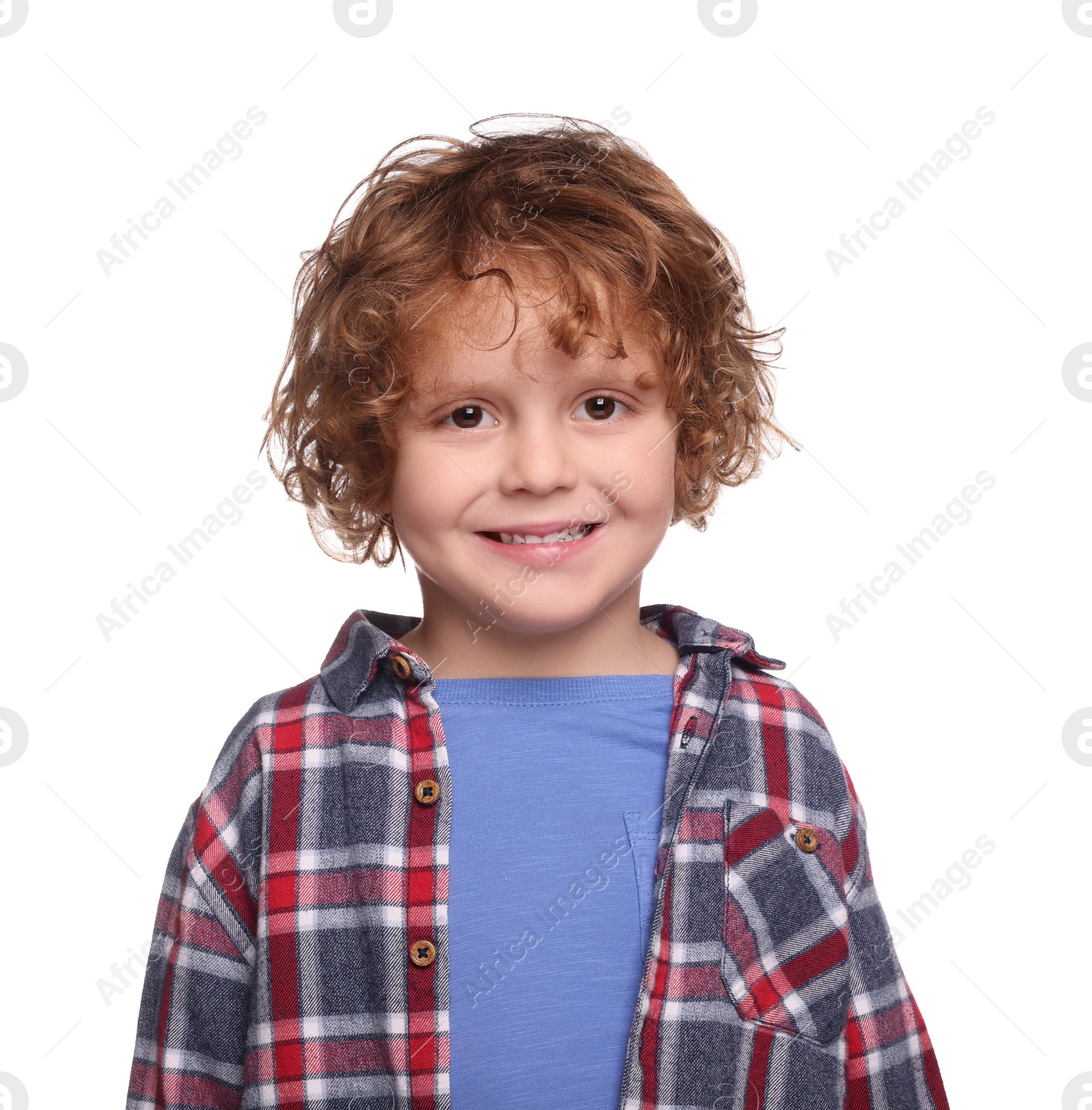 Photo of Portrait of cute boy on white background