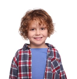 Photo of Portrait of cute boy on white background