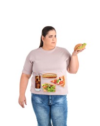 Image of Overweight woman with images of different unhealthy food on her belly against white background