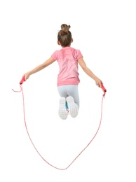 Active girl jumping rope on white background