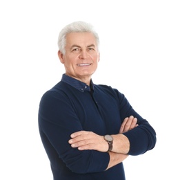 Portrait of handsome mature man on white background