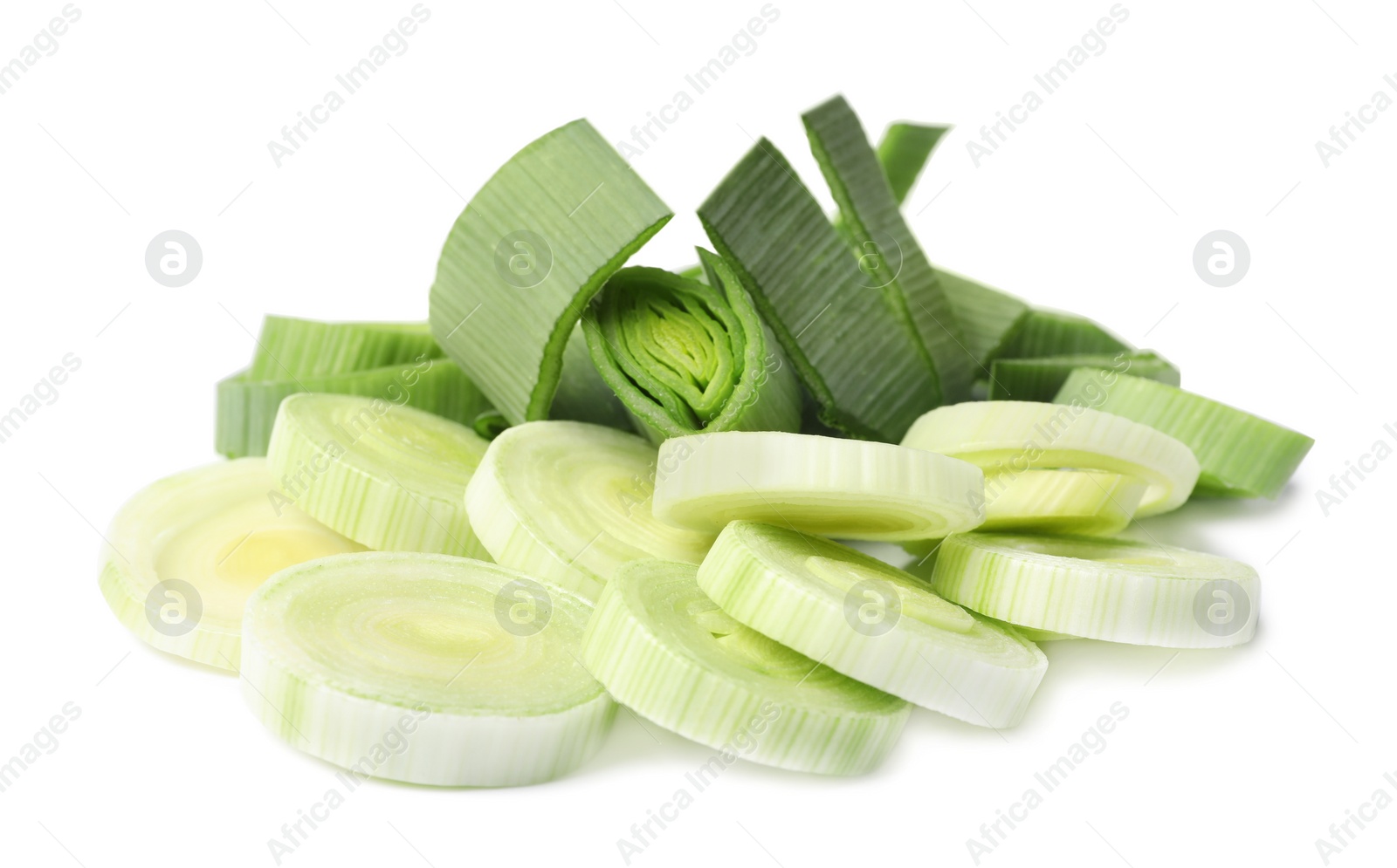 Photo of Fresh raw leek on white background. Ripe onion