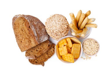 Photo of Different gluten free products on white background, top view