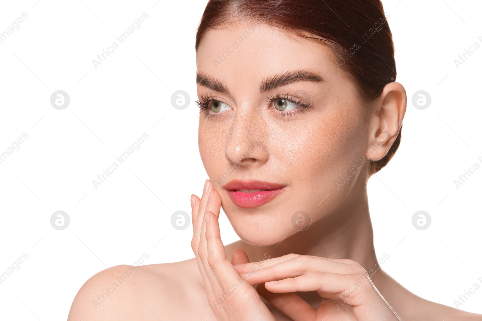 Photo of Portrait of beautiful woman on white background, closeup