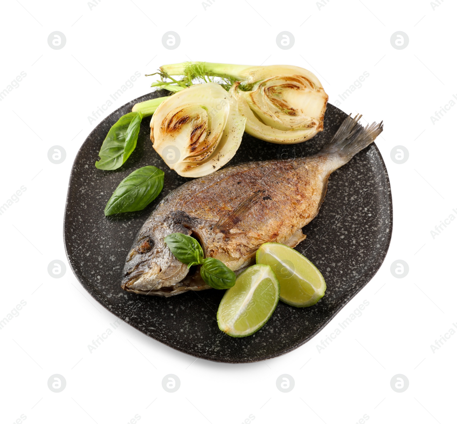 Photo of Delicious roasted dorado fish with fennel, lime and basil isolated on white