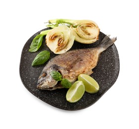 Photo of Delicious roasted dorado fish with fennel, lime and basil isolated on white
