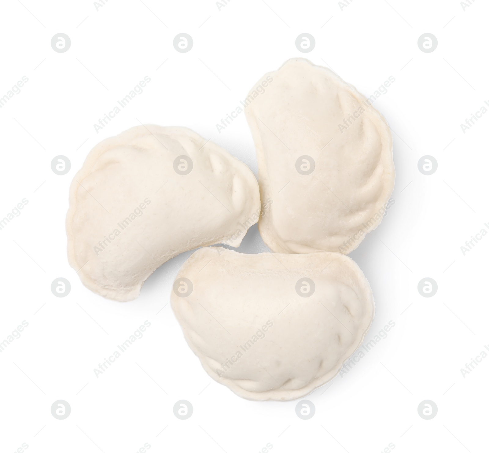 Photo of Raw dumplings (varenyky) isolated on white, top view