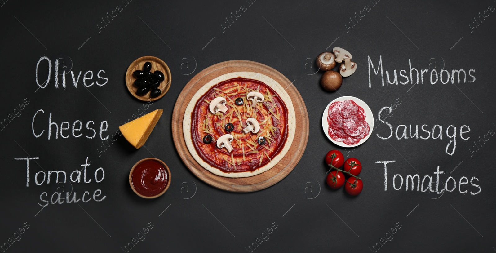 Photo of Pizza crust, ingredients and chalk written product's names on black background, flat lay