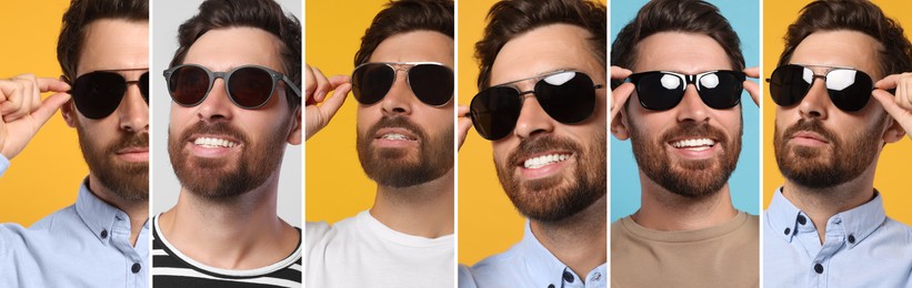 Image of Collage with photos of man with stylish sunglasses on different color backgrounds. Banner design