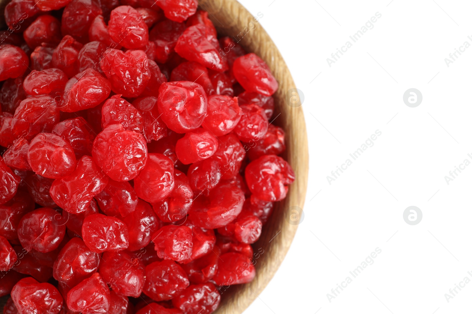 Photo of Plate with tasty cherries on white background, top view. Dried fruits as healthy food