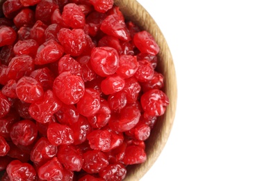 Plate with tasty cherries on white background, top view. Dried fruits as healthy food