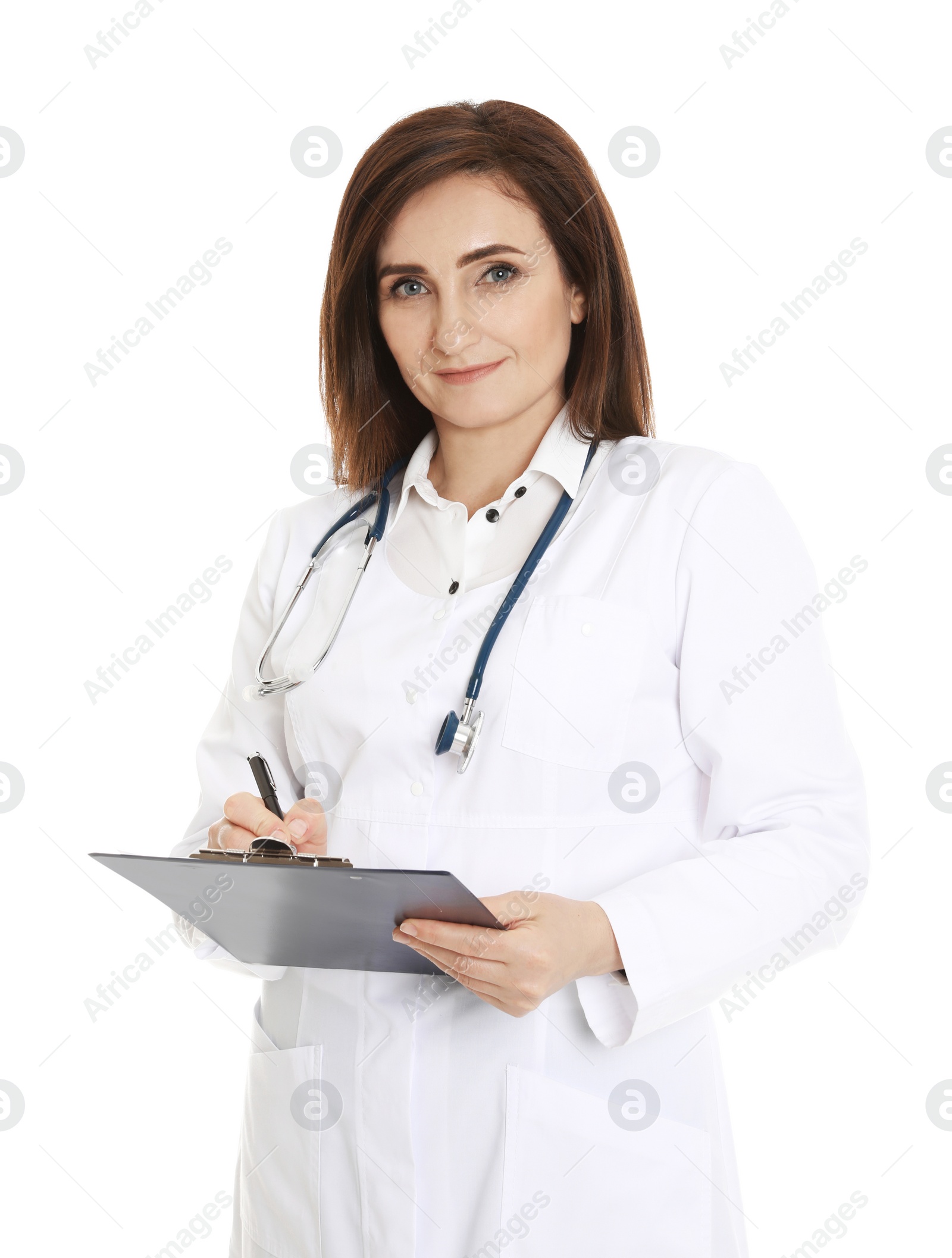 Photo of Portrait of female doctor with clipboard isolated on white. Medical staff