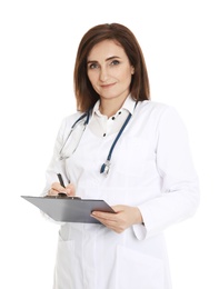 Portrait of female doctor with clipboard isolated on white. Medical staff