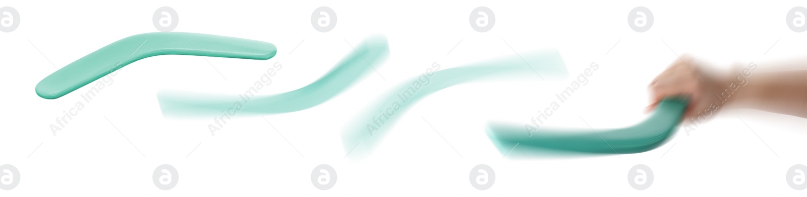 Image of Woman throwing turquoise boomerang on white background, closeup. Banner design