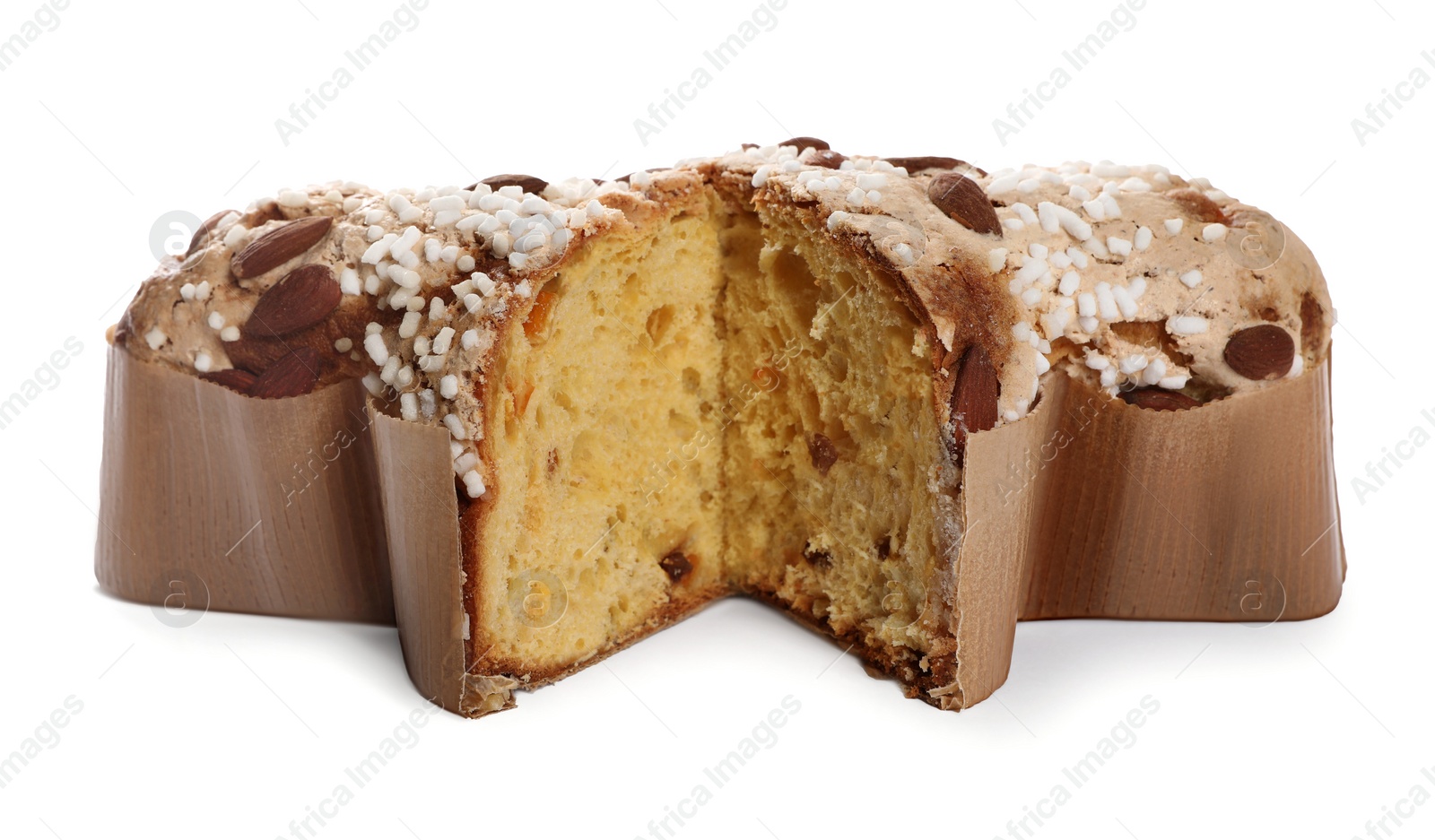 Photo of Delicious Italian Easter dove cake (traditional Colomba di Pasqua) on white background