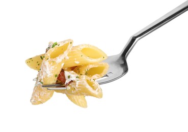 Photo of Fork with tasty pasta isolated on white, closeup