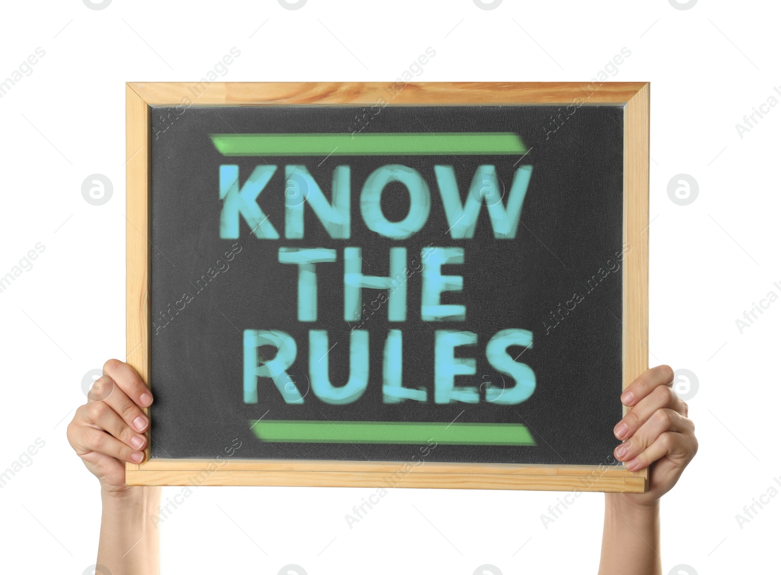 Image of Woman holding chalkboard with phrase Know the rules on white background, closeup