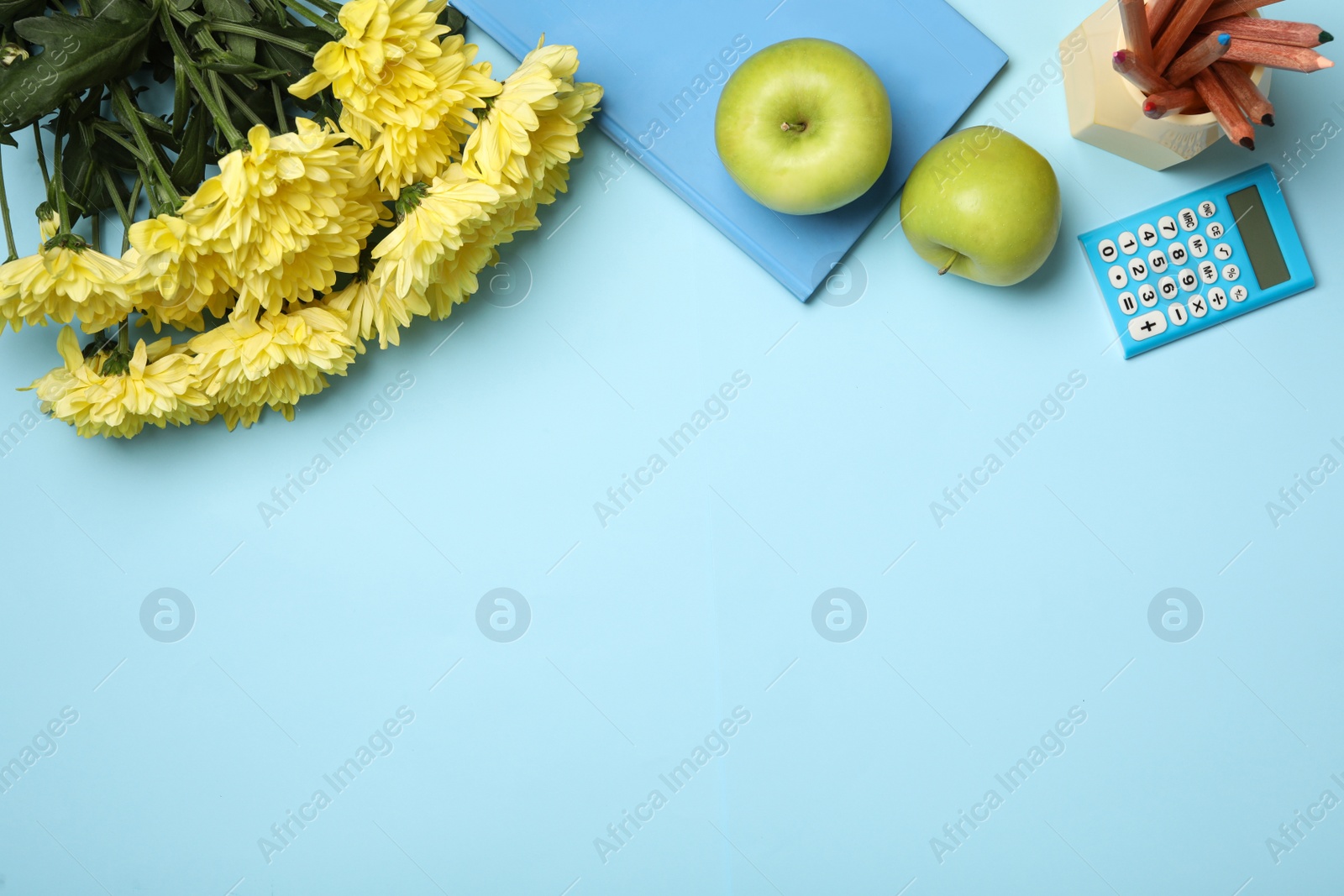 Photo of Flat lay composition with flowers, stationery and apples on light blue background, space for text. Teacher's day