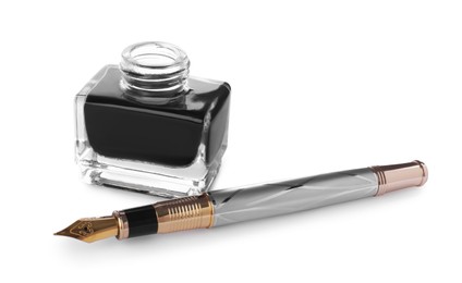 Photo of Stylish fountain pen and inkwell on white background