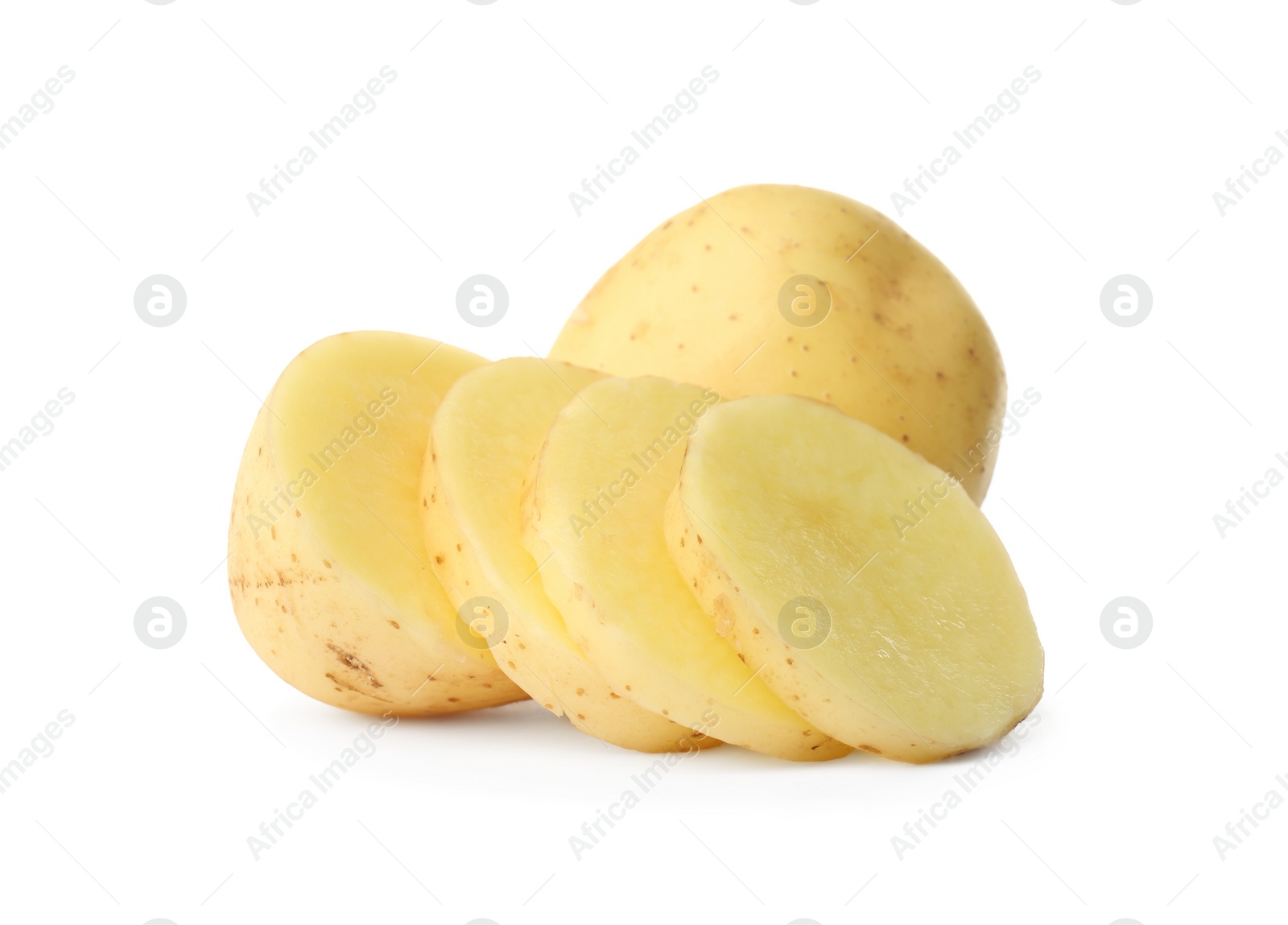 Photo of Whole and cut fresh raw organic potatoes on white background