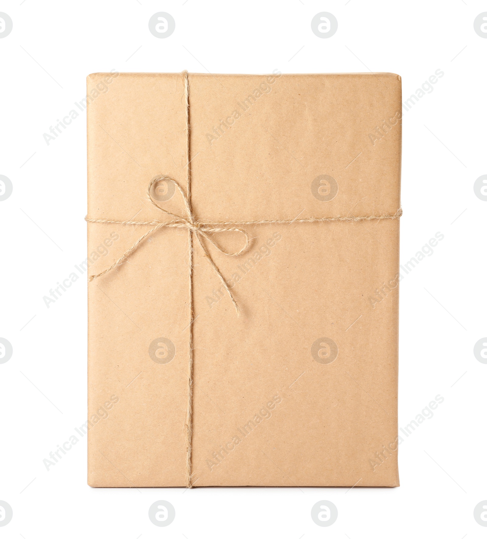 Photo of Parcel wrapped with kraft paper and twine isolated on white