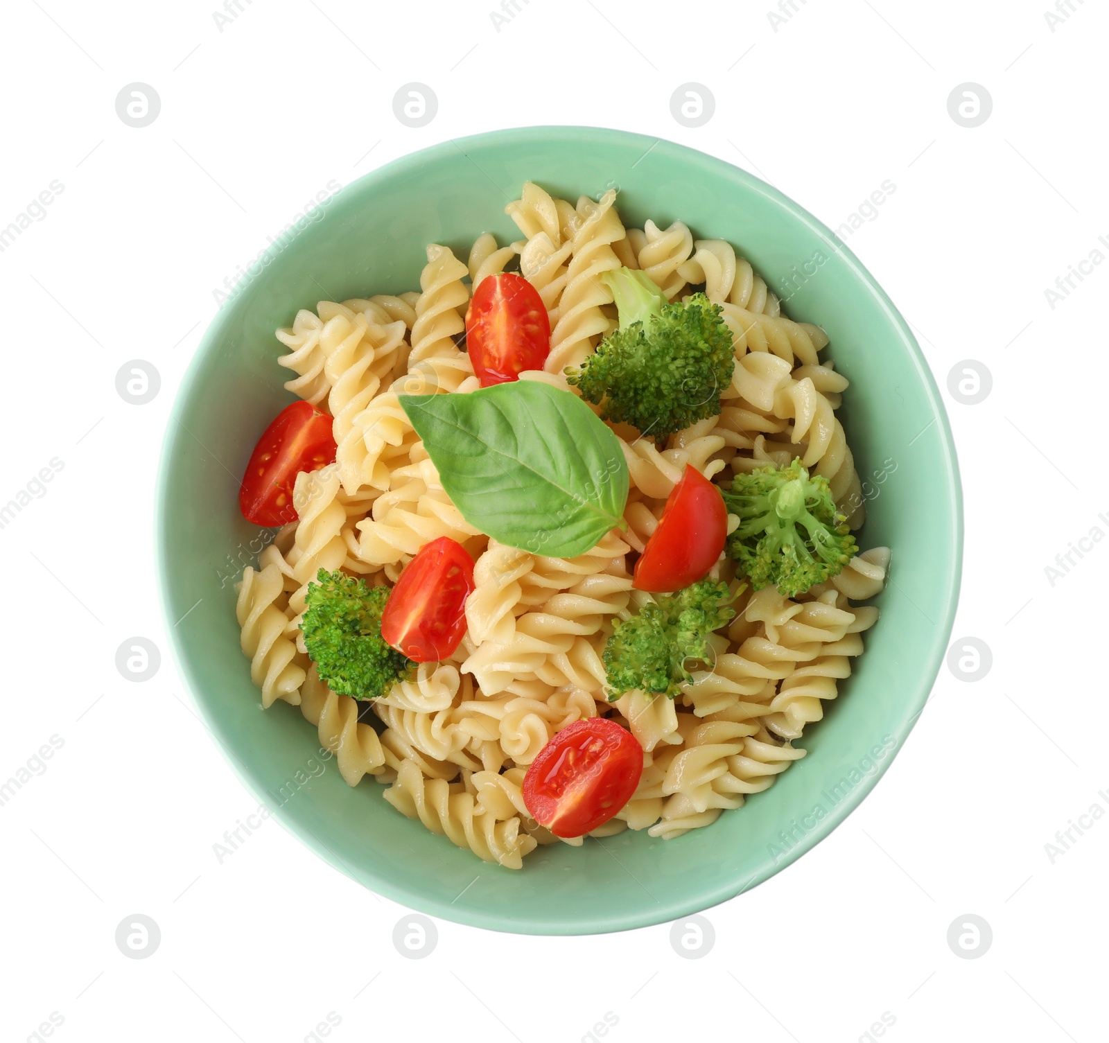 Photo of Tasty pasta with broccoli, cherry tomatoes and basil isolated on white, top view