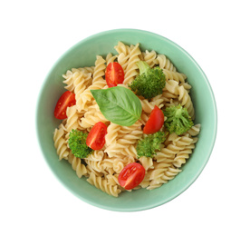 Tasty pasta with broccoli, cherry tomatoes and basil isolated on white, top view