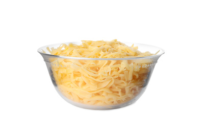 Glass bowl with grated cheese isolated on white