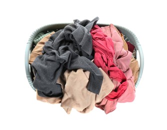 Photo of Plastic laundry basket full of clothes isolated on white, top view